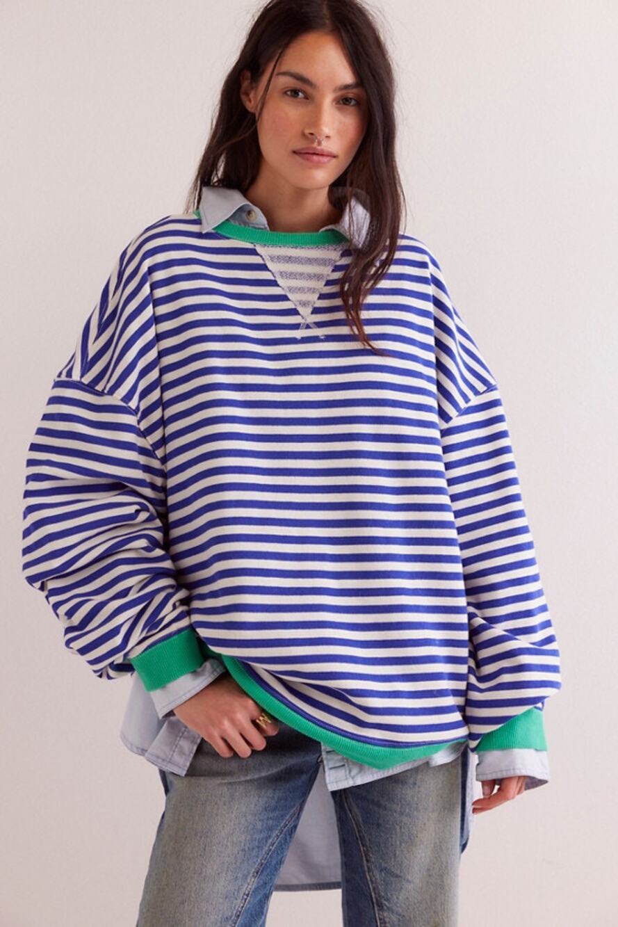 NWT We The Free Classic Striped Oversized Crewneck Sand Dollar XL Green Navy